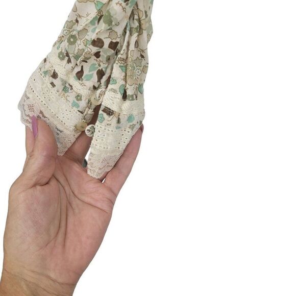 Vintage Ditsy Floral Blouse 18W/20W Green Lace Bib Button Boho Cottagecore - Picture 7 of 12